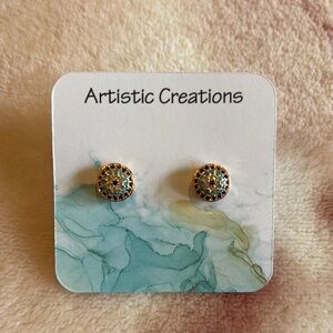 Artistic Creations Gold and Blue Crystal Encrusted EvilEye Stud Earrings NWT 9cm